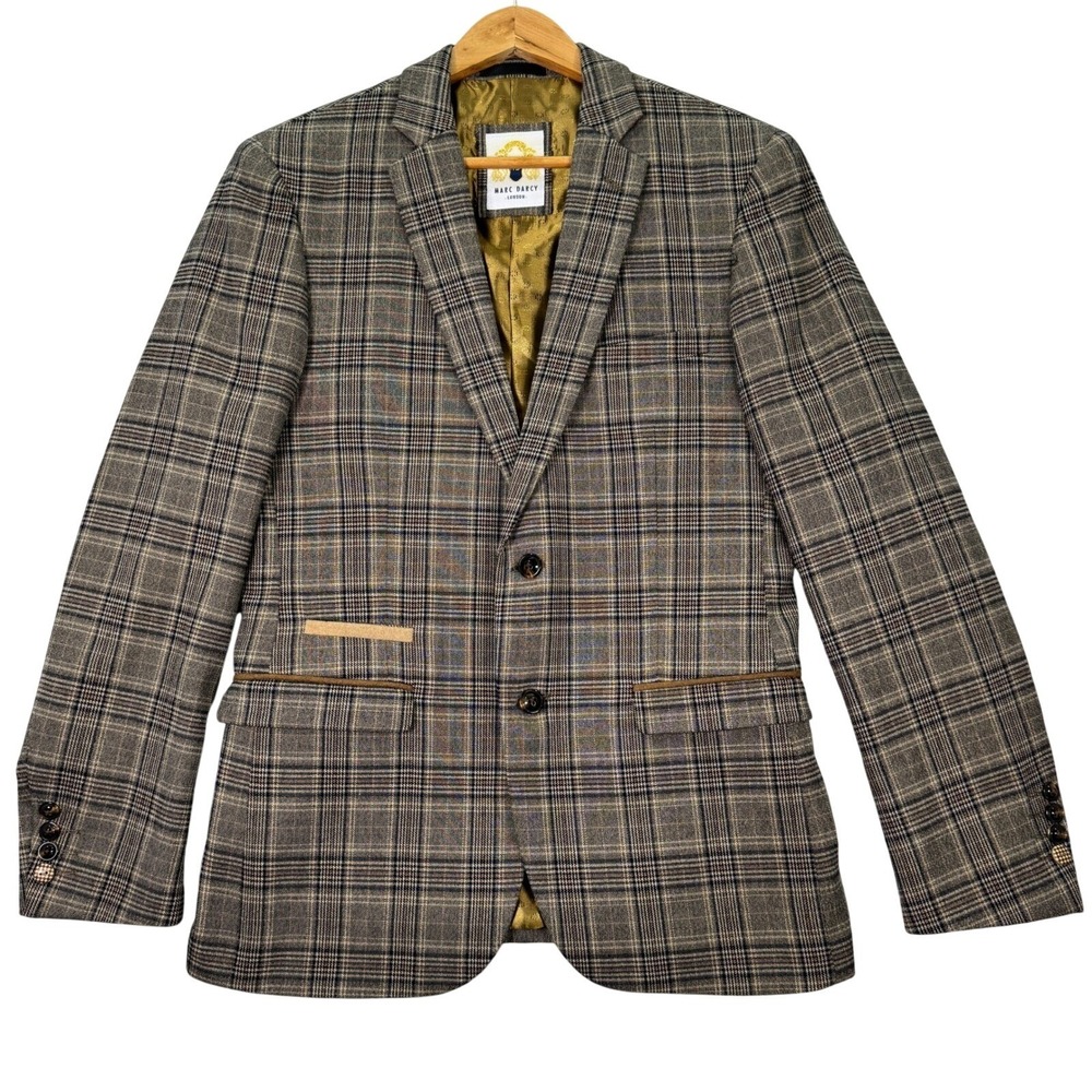 Marc Darcy London Mens 38R Blazer Enzo Tan Plaid Checkered Sport Coat Preppy EUC